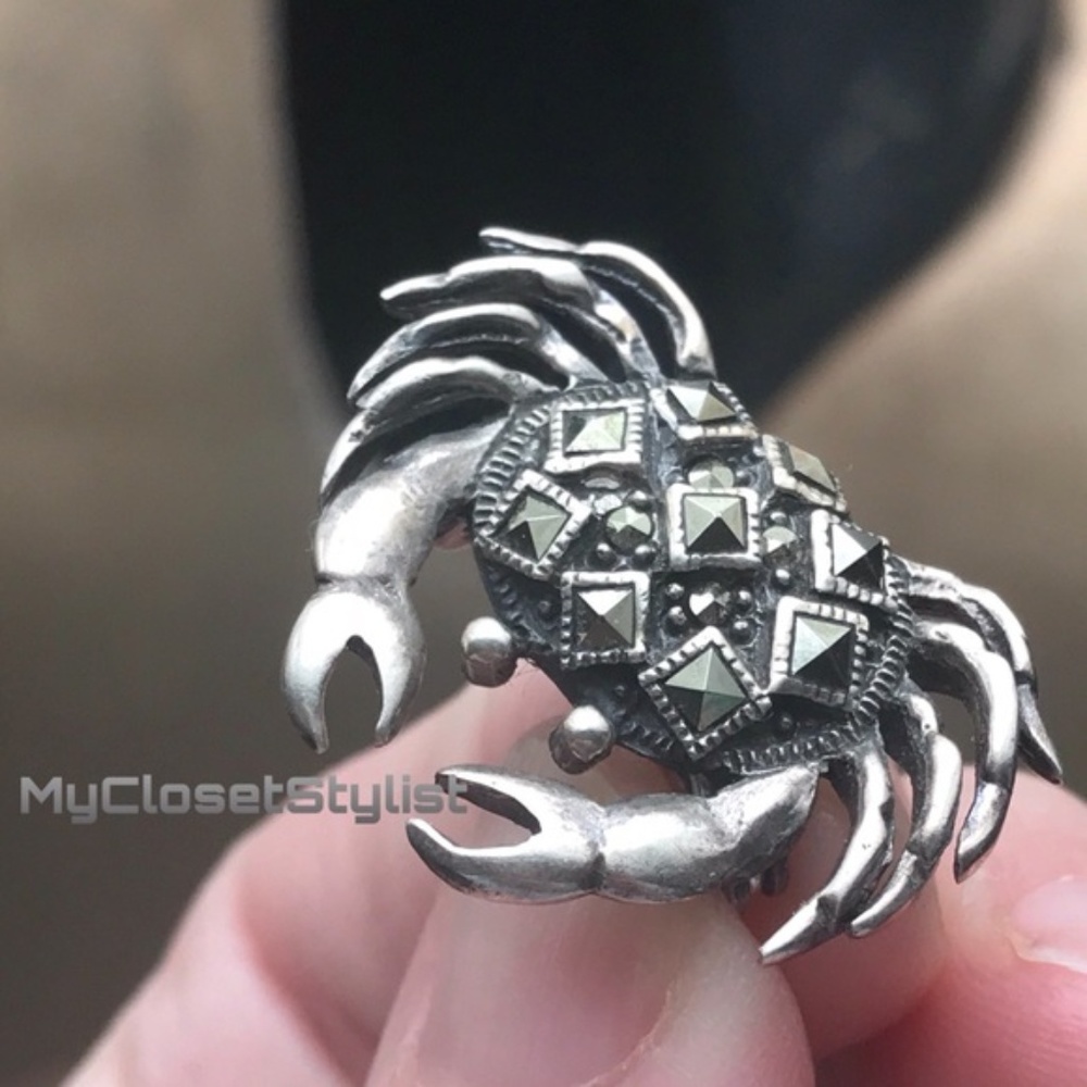Crab Sterling Silver Marcasite Brooch Pin 925 sculpted 3D High Quality Cancer